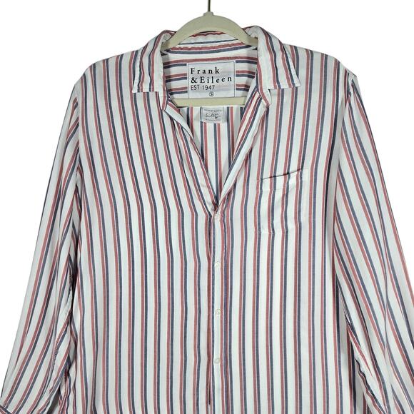 Frank & Eileen Eileen Button Down Shirt Women Small Modal Striped Blue Red Italy - Picture 2 of 12
